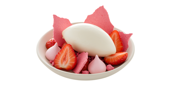 a bowl of strawberries cream and pink petals on transparent background - Powered by Adobe