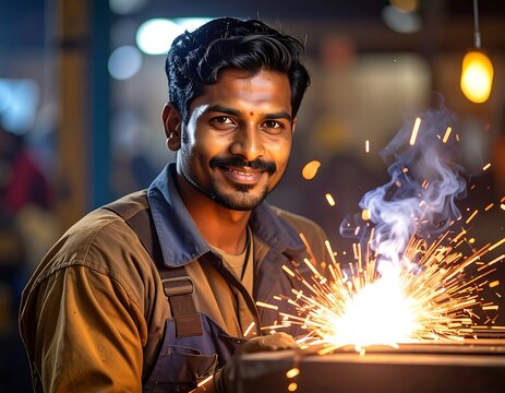 Smiling welder in a workshop with sparks flying