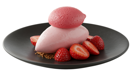 pink ice cream with strawberries on black plate on transparent background