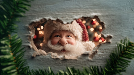 Santa Claus looks through a festive torn wall adorned with greenery. Cheerful atmosphere filled with glowing Christmas lights. Concept of holiday spirit, seasonal celebrations, Christmas joy