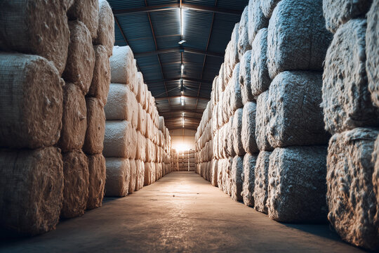 Raw cotton bales stacked neatly in a spacious warehouse showcasing the quality and softness of natural textiles