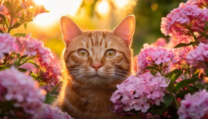 a curious orange tabby cat peeks through delicate pink flowers as the soft glow of the golden hour envelops the garden creating a serene atmosphere filled with beauty