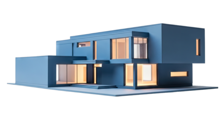 Modern Architectural Model of a Two Story Blue House with Warm Interior Lighting and Glass Windows Against a Black Background