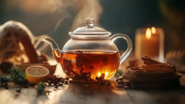 Hot spiced tea in glass teapot with candlelight
