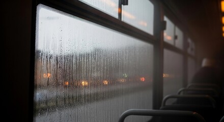 Rainy day view from a bus window. Water droplets cover the glass, blurring the outside scenery. Soft lighting creates a cozy atmosphere inside the bus.