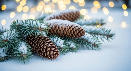Capture the magic of winter with snowy pine branches and festive bokeh lights, evoking warmth and holiday cheer for your seasonal designs