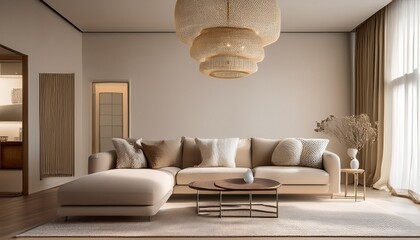 serene minimalist living room with neutral tones modern interior design featuring a cozy sofa soft pillows and elegant chandelier lighting