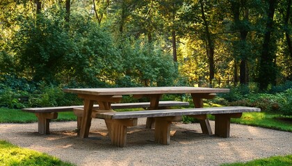 rustic outdoor table and benches in a quiet park area surrounded by trees and greenery