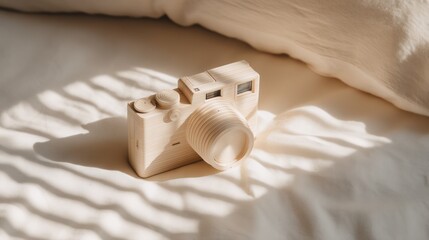Wooden camera on white surface with shadows in overhead sunlight