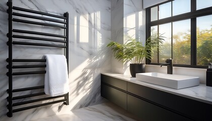a stylish bathroom showcases a sleek black towel rack holding a fluffy white towel marble tiles and gentle morning light create a serene and inviting atmosphere perfect for relaxation