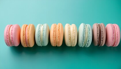 a delightful row of pastel colored french macarons arranged on a vibrant aqua background