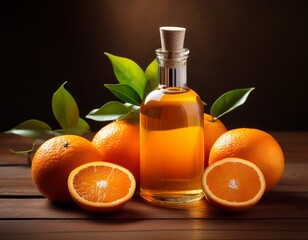 still life of a bottle of orange oil and oranges