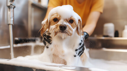 Pet grooming shop interior, groomer washing dog with rich foam, clean and bright lighting, realistic photo