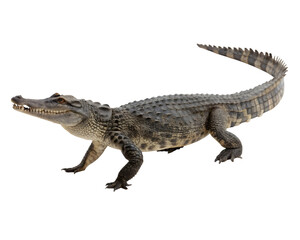 Obraz premium Large alligator walking slowly with its tail curved upwards in a transparent background
