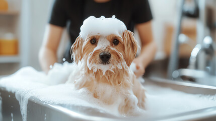 Pet grooming shop interior, groomer washing dog with rich foam, clean and bright lighting, realistic photo