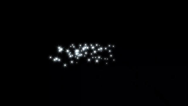 A shimmering line of magic sparkles, glittering stars sweeps across on black background, weaving glowing doodle motifs with white twinkling particles, starlight dust in a radiant, enchanting overlay