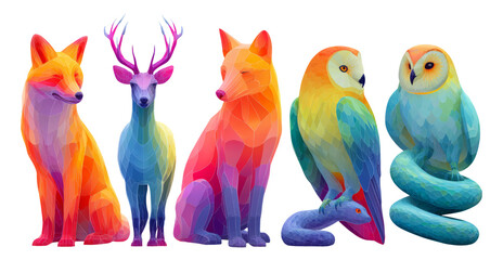Vibrant Low-Poly Animal Collection on Transparent Background for Creative Projects