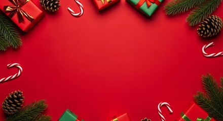 Festive Christmas border with gifts, pinecones, candy canes, and evergreen branches on vibrant red background
