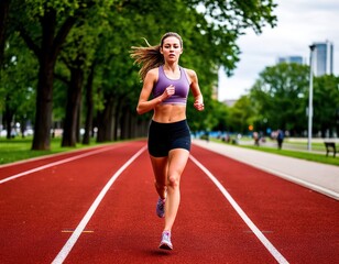 A woman runs along a red jogging track in a park. An athlete trains. A healthy lifestyle