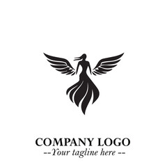 Elegant Black Angel Woman Silhouette Logo Symbol on White Background