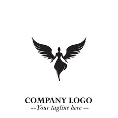 Elegant Black Angel Woman Silhouette Logo Symbol on White Background
