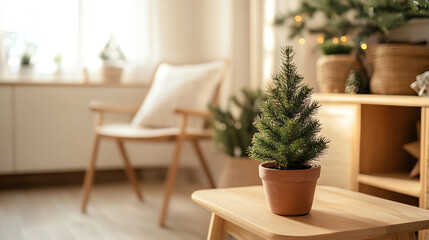 Scandinavianstyle home interior, wooden furniture, tiny Christmas tree in clay pot, cozy atmosphere, Canon EOS R5, bright and airy