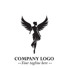 Elegant Black Angel Woman Silhouette Logo Symbol on White Background