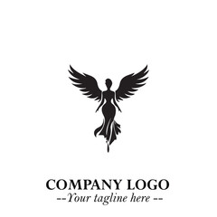 Elegant Black Angel Woman Silhouette Logo Symbol on White Background