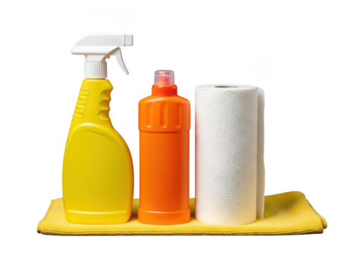Cleaning supplies set including spray bottle and paper towels