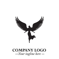 Elegant Black Angel Woman Silhouette Logo Symbol on White Background
