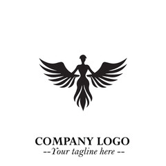Elegant Black Angel Woman Silhouette Logo Symbol on White Background