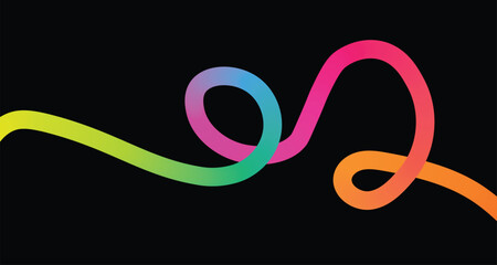 Vibrant rainbow gradient ribbon flowing and swirling in a dynamic abstract shape on black background