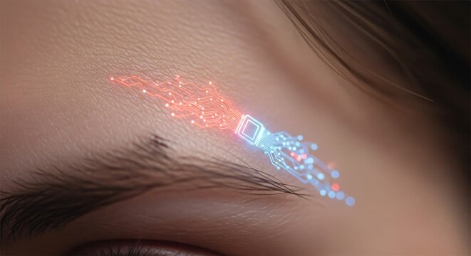 Futuristic cybernetic implant integrated into human skin, symbolizing technological advancement and bio-integration for enhanced human capabilities.