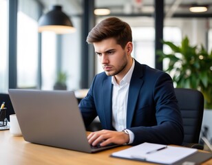 A focused businessman works on a laptop. A serious professional
