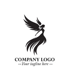 Elegant Black Angel Woman Silhouette Logo Symbol on White Background