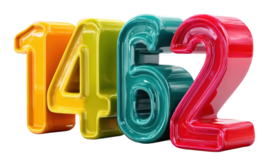 Colorful plastic numbers 1-4-6-2 arrangement for education purposes isolated on transparent background