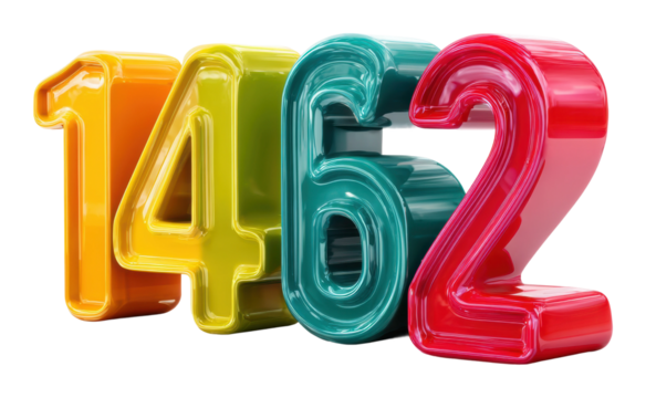 Colorful plastic numbers 1-4-6-2 arrangement for education purposes isolated on transparent background