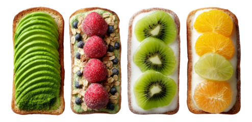 Colorful Fruit Toasts with Fresh Toppings on Artisan Bread Isolated on White Background