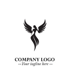 Elegant Black Angel Woman Silhouette Logo Symbol on White Background