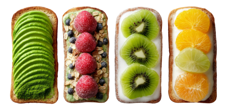 Colorful Fruit Toasts with Fresh Toppings on Artisan Bread Isolated on White Background