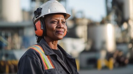 Portrait of a proud african american female engineer wearing a hard hat and earmuffs while looking away at an industrial plant, representing professionalism and dedication in the workforce