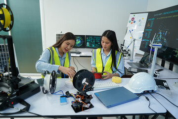 Technicians work with a 3D printer to print a clear white plastic model using cutting-edge technology, focusing on specific points, in a lab.