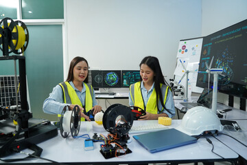Technicians work with a 3D printer to print a clear white plastic model using cutting-edge technology, focusing on specific points, in a lab.