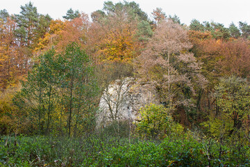 Autumn landscape. Golden Autumn in the woods. Picturesque rock in the autumn forest