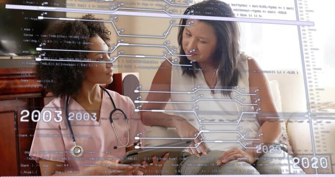 Healthcare provider turning tablet toward patient, pointing and explaining moving timeline overlay