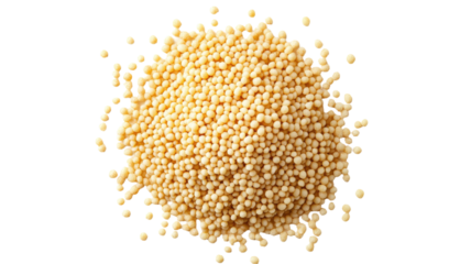 Pile of uncooked organic semolina with fine yellow grainy texture forming natural coarse wheat particles isolated on white background