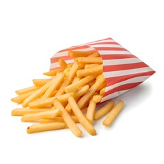 Crispy Golden French Fries Spill Out of a Striped Red and White Paper Bag onto a White Surface 