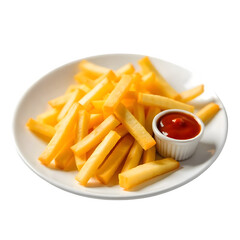 A stack of golden French fries is neatly arranged on a round, white plate isolated on a transparent background