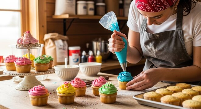 A woman in a kitchen, decorating cupcakes with colorful frosting.