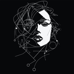 Abstract female portrait created in expressive geometric line art. Modern black-and-white vector illustration with dynamic shapes and elegant minimalist style